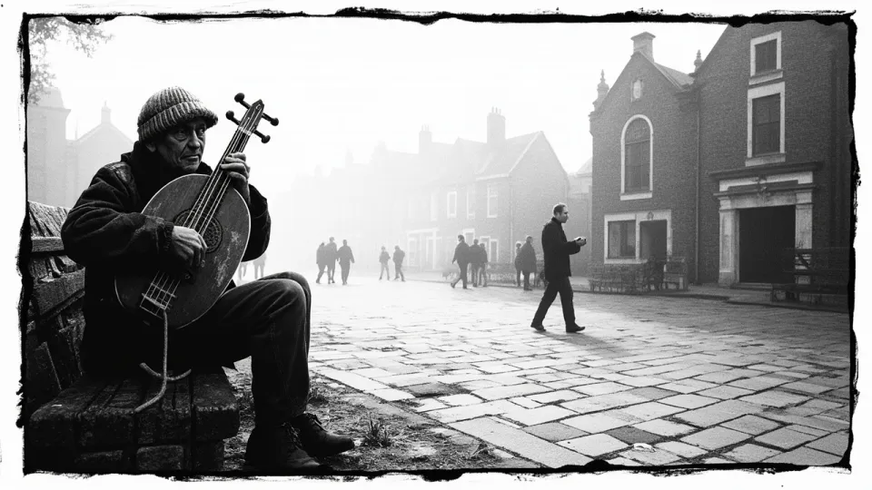 A forlorn guslar sits on a weather‑worn stone bench in a foggy village square, playing a tattered gusle while townspeople stroll past.