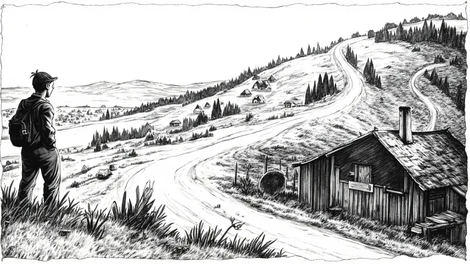Vili stands on a hilltop beside his cottage, watching a winding dirt road climb toward his home as a village lies in the valley below.