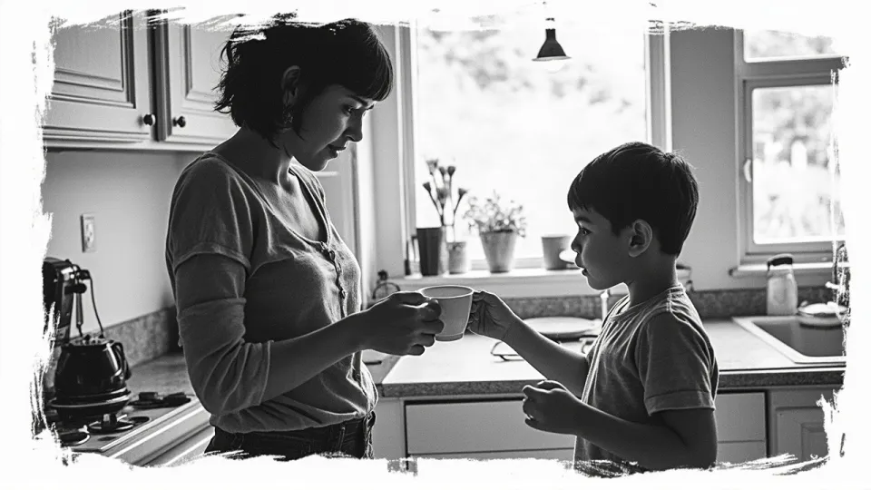 A mother stands in a kitchen handing a cup of coffee to a child.