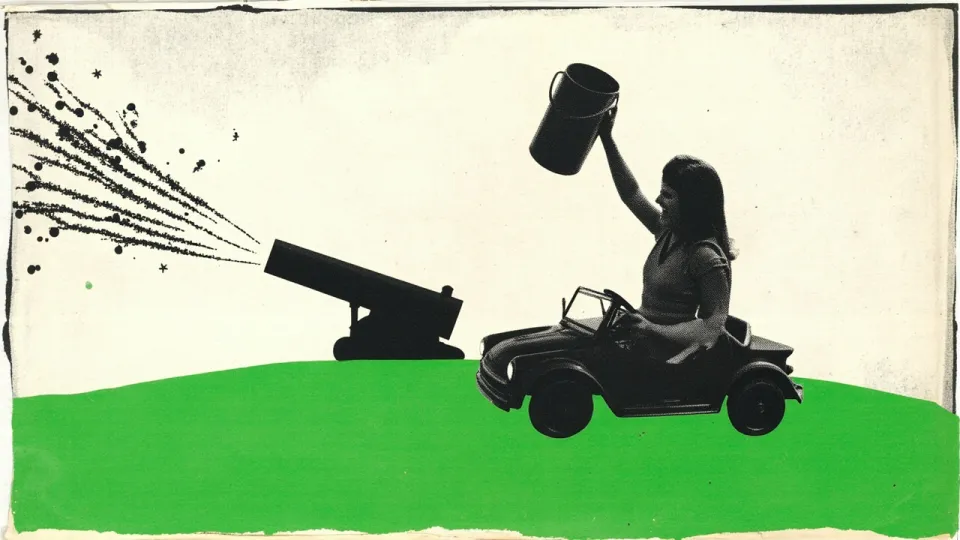 Francka steers a little car down a green hill while holding a bucket of water as a cannon behind her shoots fireworks.