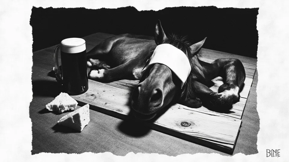 A sad horse, cut into pieces, lies on a wooden plank, cheese covering its eyes, bread slices and a mug of dark beer nearby.