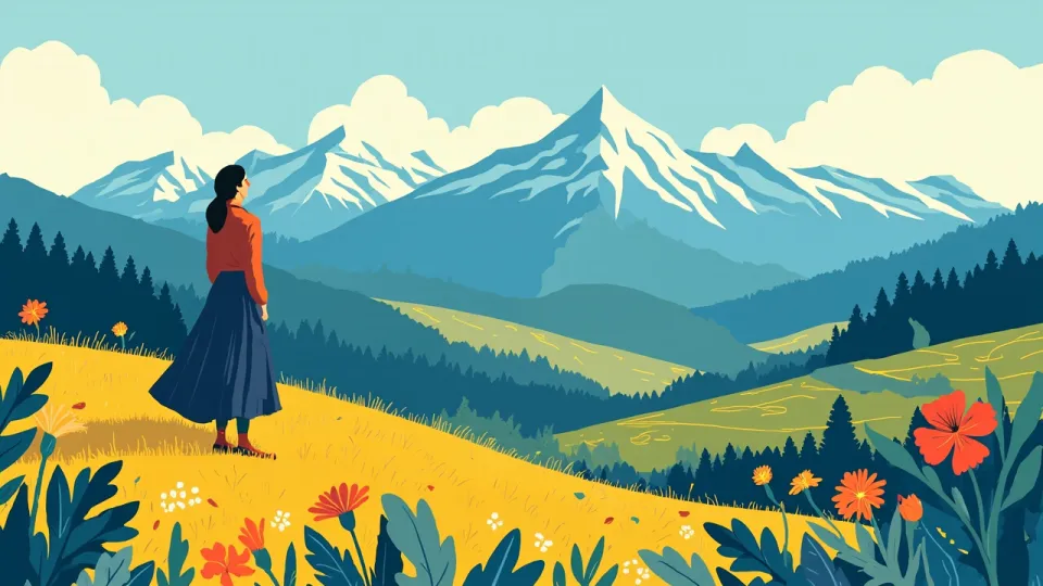 A lone mother stands on a hill, watching distant snow‑capped mountains while a quiet valley spreads below her.