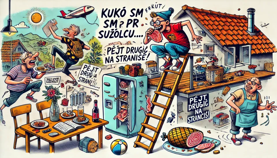 KUKÓ SM PR SUŠÓLCU OD STAREMAME PRŠUT IZ HLADILNKA NÉSU NA PUCTRÉŠJE, GA TM PUJÉDU, POLPA ŠÓU SRAT NA TERASO, K JE BIU SUŠÓLC BOLAN, PA SM MU ZVÉSKE NÉSU ZA PREPISAT